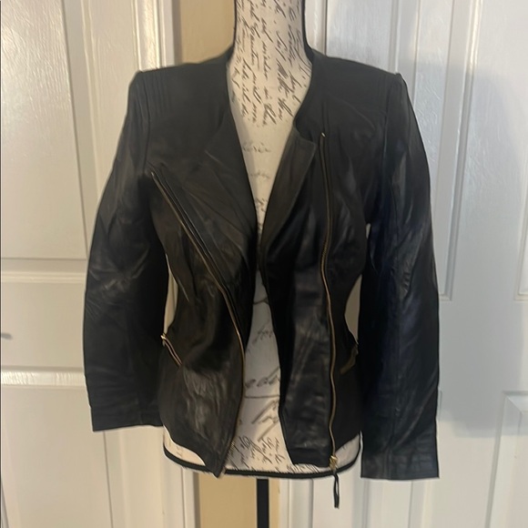Promod Black Leather Jacket Fitted Silhouette Cascading Front - Picture 1 of 6